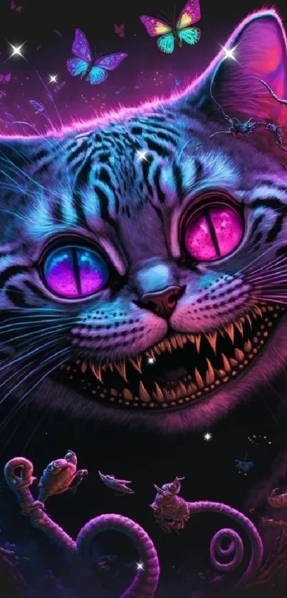 A vibrant neon cat with glowing purple eyes and butterflies in a mystical setting.