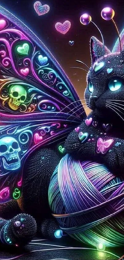 Neon fantasy cat with butterfly wings in digital art style.