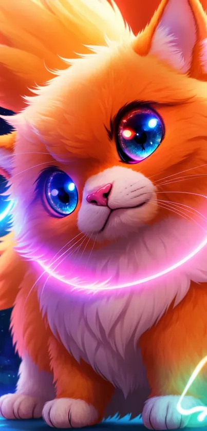 Vibrant orange neon cat with glowing eyes in cosmic fantasy art style.