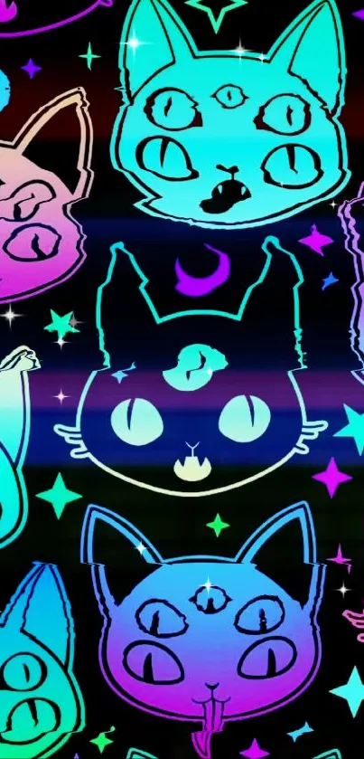 Vibrant neon cat pattern on dark background, perfect for mobile.