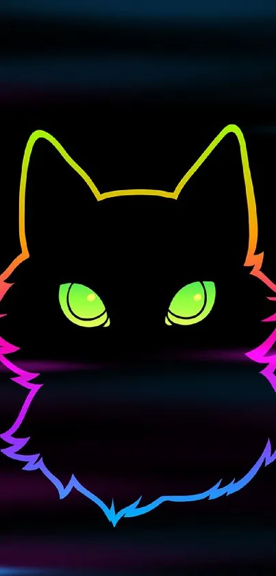 Neon cat silhouette with colorful glowing outline on black background.