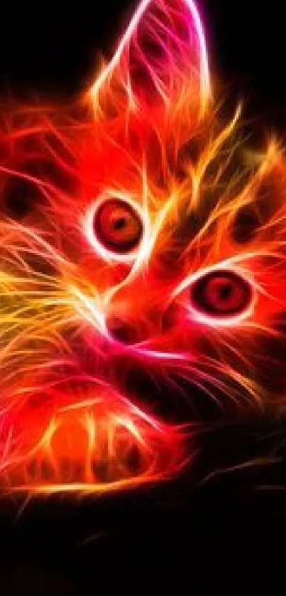 Vibrant neon cat with bright, electrifying colors on a dark background.