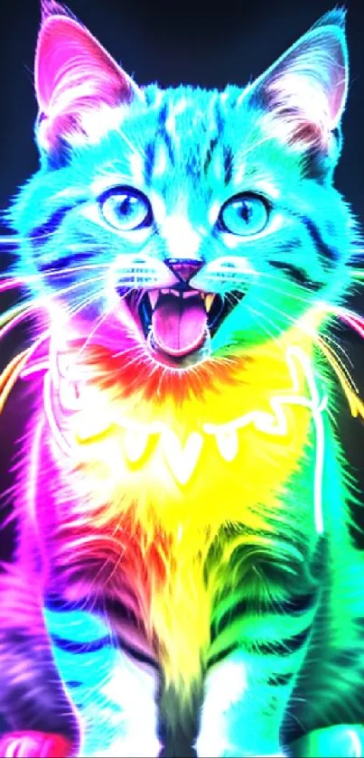 Vibrant neon cat with colorful lights in a playful pose.