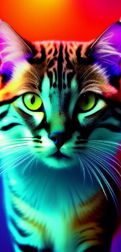 Vibrant neon cat in psychedelic colors, glowing with bright hues.