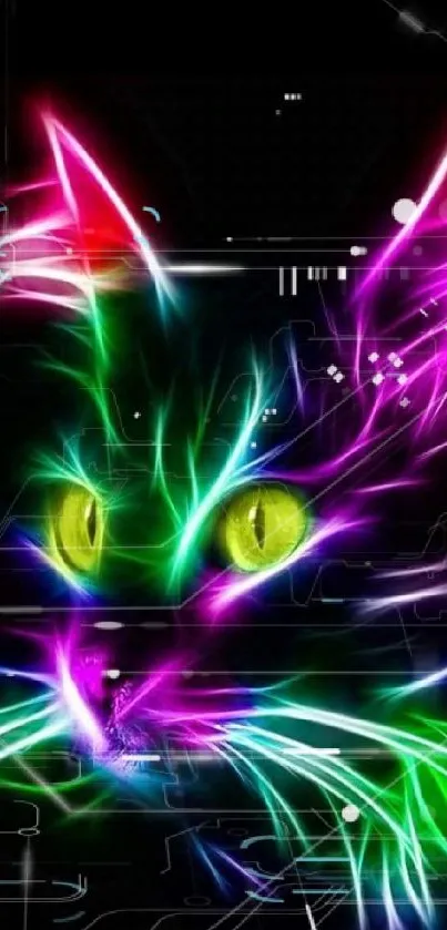 Vibrant neon cat artwork with glowing lines.