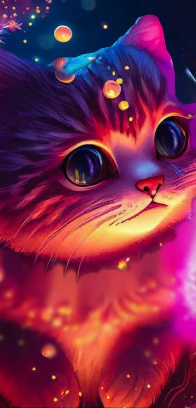 Vibrant neon cat graphic with colorful, fantasy-inspired design. Perfect mobile wallpaper.