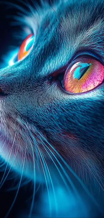 Close-up vibrant neon blue cat portrait