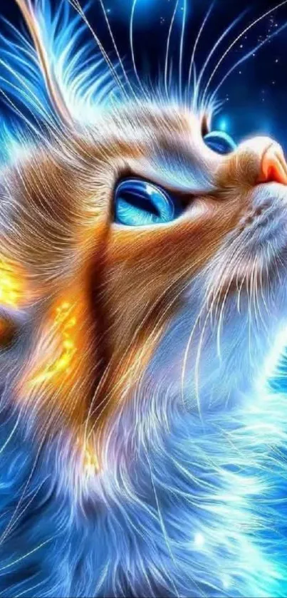 Vibrant neon cat with glowing blue and orange hues set against a dark background.