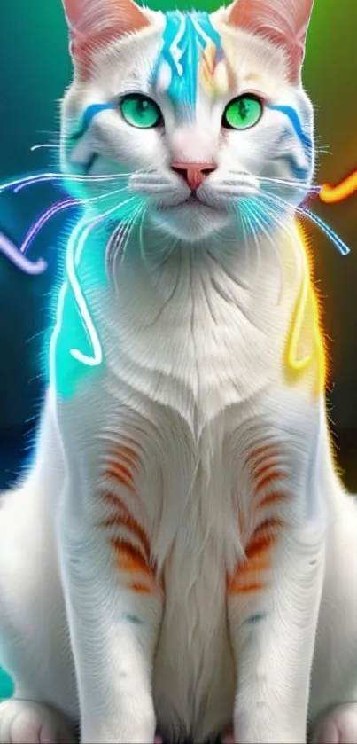Vibrant neon cat with colorful lighting effects.