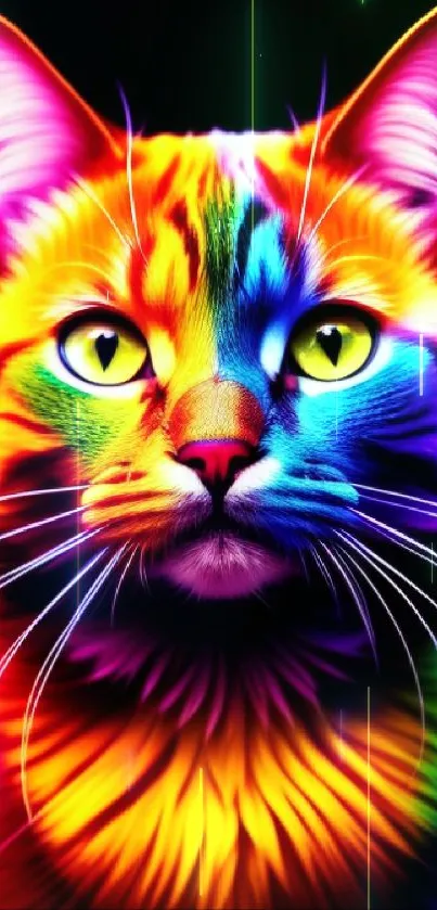 Vibrant neon rainbow-colored cat against black background.