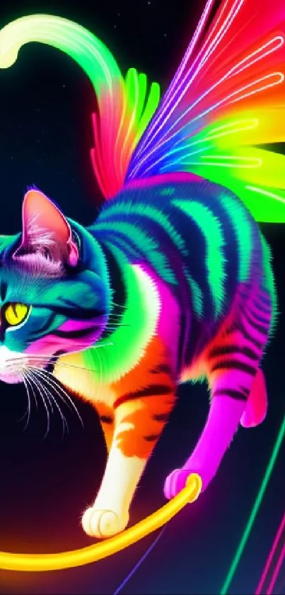 Colorful neon cat with radiant wings in a vibrant digital art wallpaper.