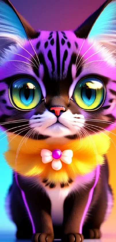 Vibrant neon cat with big eyes and colorful fur on a gradient background.