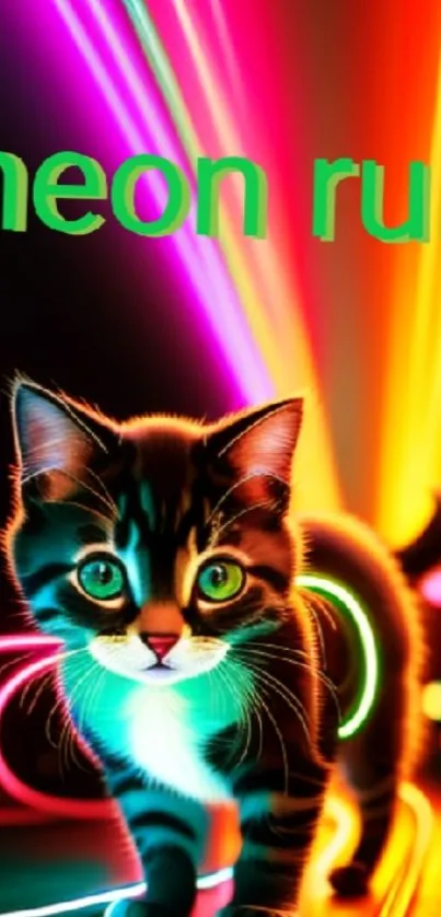 Playful neon cat surrounded by vibrant colors.