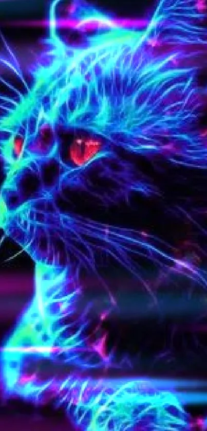 Colorful neon cat design with vibrant blue and pink effects on black background.