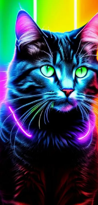 A vibrant neon cat with bright colors on a dark background.