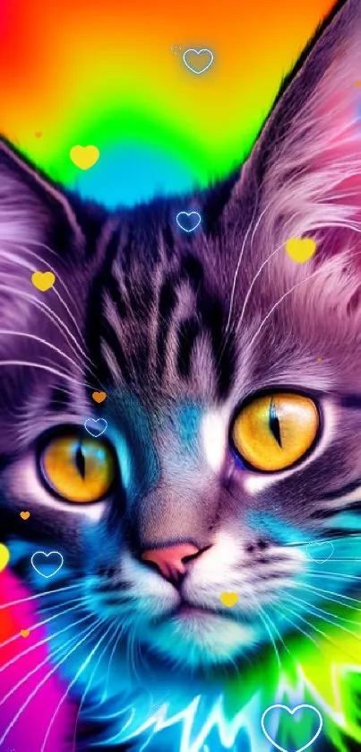 Vibrant neon cat with glowing yellow eyes on a colorful background.