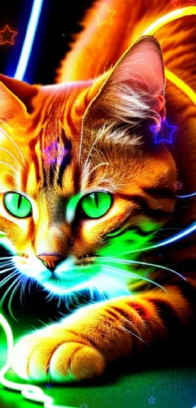 Vibrant neon cat with bright colorful glow.