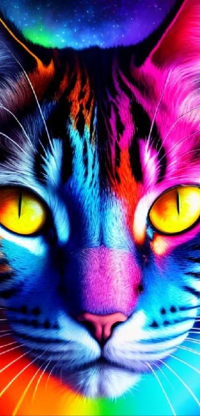 Bright and colorful neon cat face in digital artwork wallpaper.