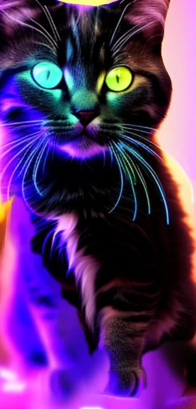 Neon cat with multicolored eyes on a purple background.