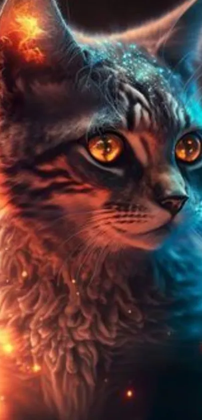 Vibrant neon cat with glowing eyes and colorful aura in a digital wallpaper.