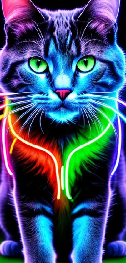 Vibrant neon cat with glowing colors and artistic design.