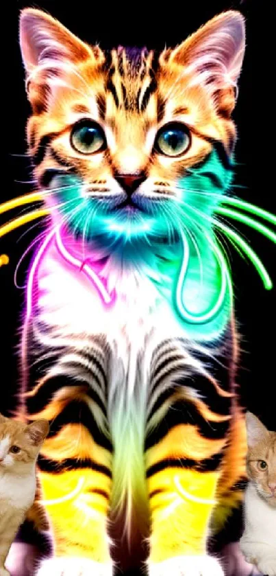 Neon cat glowing with vibrant colors against a black background.