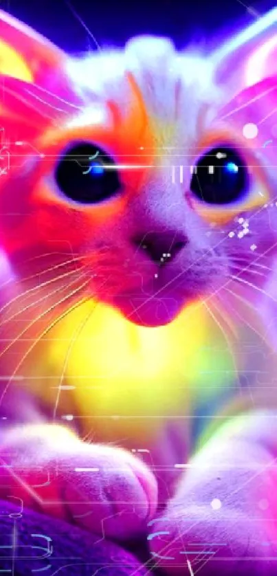 Vibrant neon cat glowing in colorful lights.