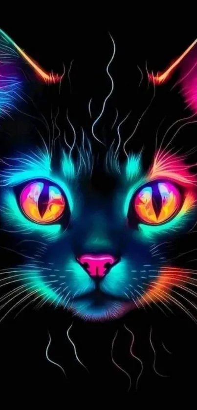 Vibrant neon cat face with glowing colors on black background.