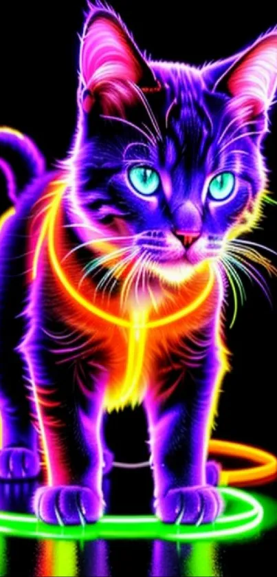 Bright neon cat with glowing colors on black background.