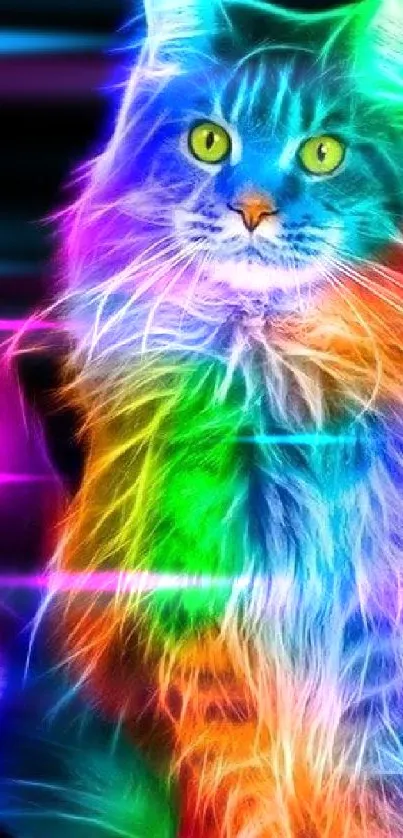 A neon cat with vibrant rainbow colors on black background.