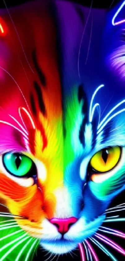 Vibrant neon cat with striking colorful design.