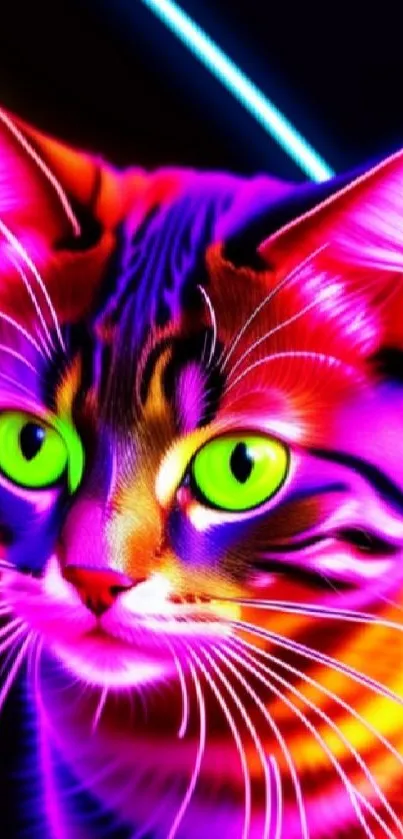 Vibrant neon cat with glowing eyes in colorful mobile wallpaper.