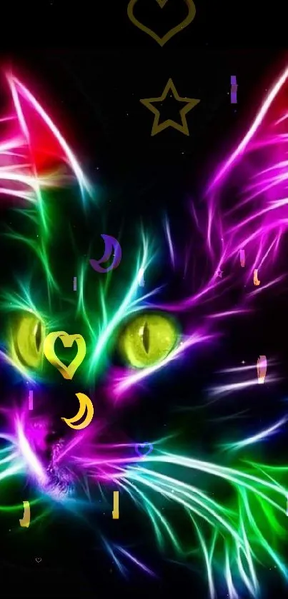 Neon colored cat in vibrant hues against a dark backdrop.