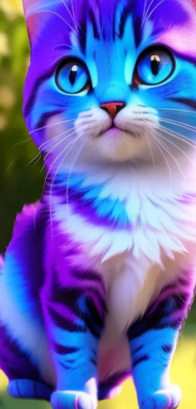 Vibrant neon cat with blue and pink hues in a lush garden setting.