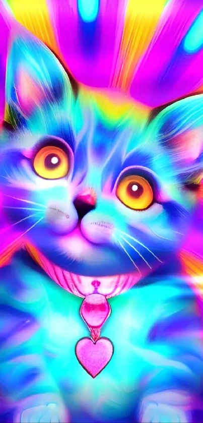 Vibrant neon cat with heart pendant in colorful design.
