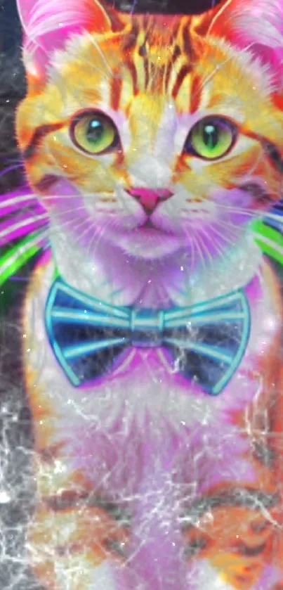 Vibrant neon cat wallpaper with cosmic background.