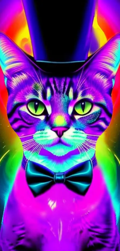 Neon cat in tuxedo with a vibrant, psychedelic background.