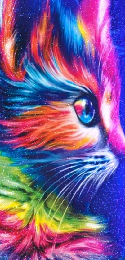 Vibrant neon cat with cosmic background in bright colors.