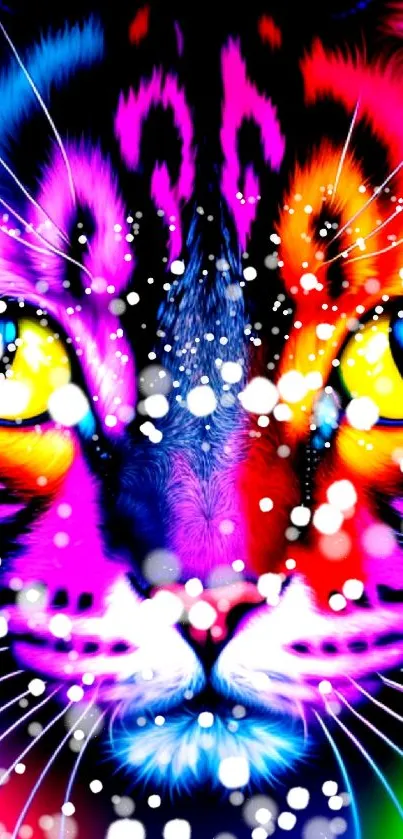 Vibrant neon cat with bright, intricate fur design and hypnotic eyes.