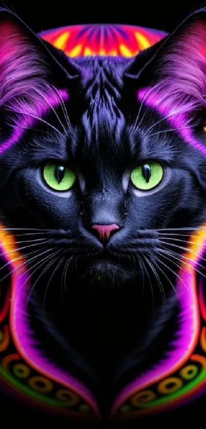 Vibrant neon cat with colorful details and striking green eyes on a dark background.