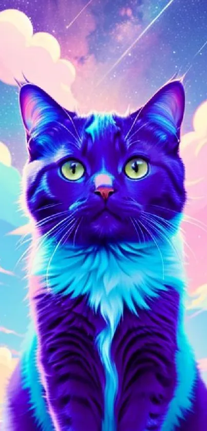 Vibrant neon cat with a colorful sky in the background.