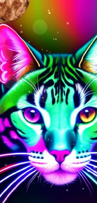 Vibrant neon cat with cosmic moon.