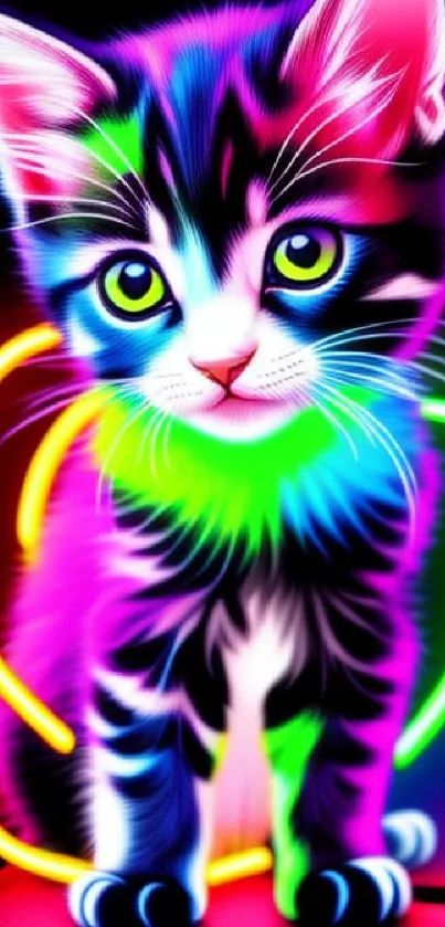 Vibrant neon cat glowing in bright rainbow hues, perfect for a lively wallpaper.