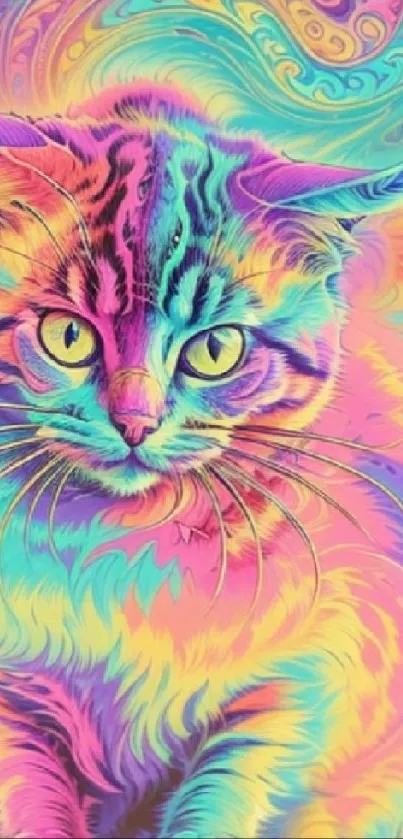 Vibrant neon-colored psychedelic cat design for mobile wallpaper.