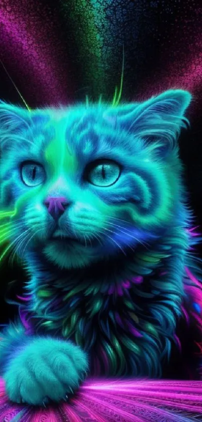 Vibrant neon cat with glowing colors on a dark background.