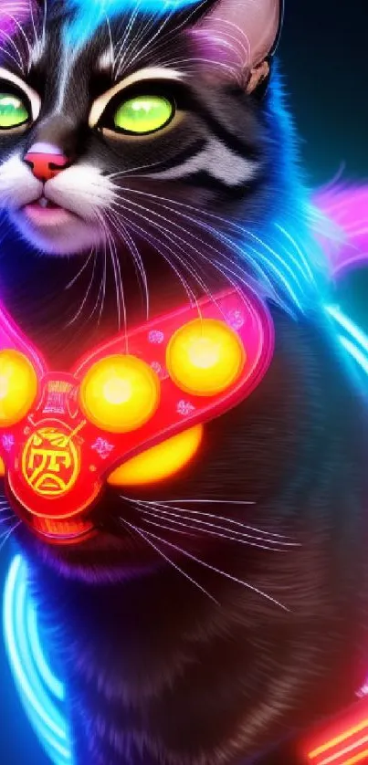 Vibrant neon cat with colorful glow and futuristic design.