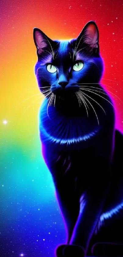 Neon cat with vibrant rainbow galaxy background wallpaper.