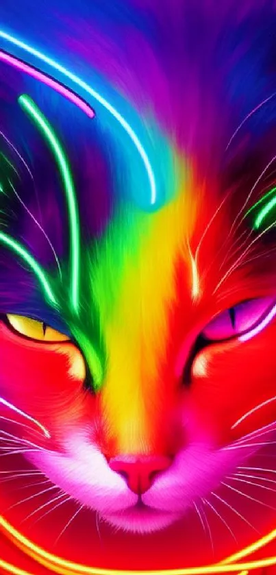 Vibrant neon cat head with colorful glowing lights.