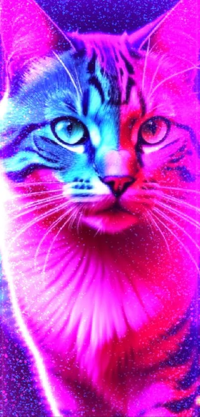 Neon cat with vibrant pink and blue hues, glowing in the dark.