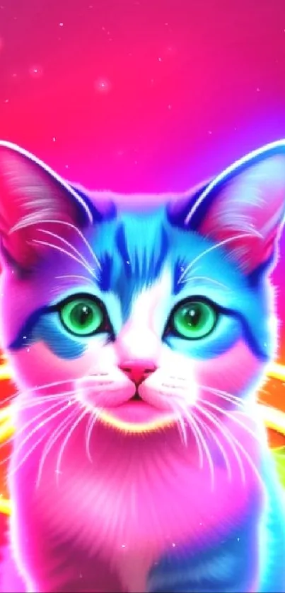 Vibrant neon cat with glowing colors on wallpaper.